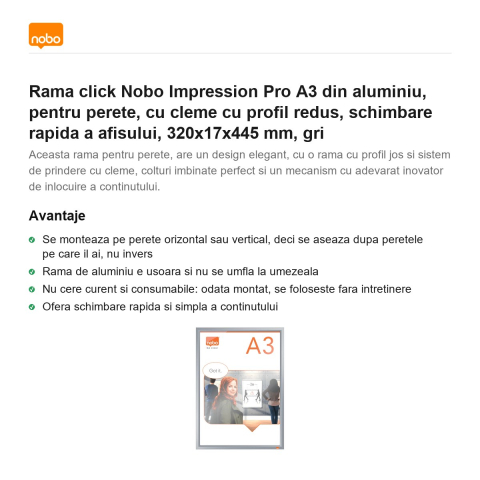Rama click Nobo Impression Pro A3 din aluminiu, pentru perete, cu cleme cu profil redus, schimbare rapida a afisului, 320x17x445 mm, gri [1]
