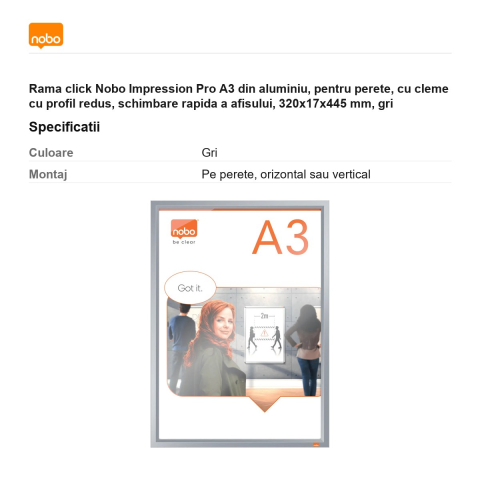 Rama click Nobo Impression Pro A3 din aluminiu, pentru perete, cu cleme cu profil redus, schimbare rapida a afisului, 320x17x445 mm, gri [2]