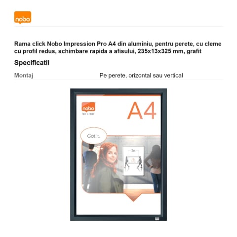 Rama click Nobo Impression Pro A4 din aluminiu, pentru perete, cu cleme cu profil redus, schimbare rapida a afisului, 235x13x325 mm, grafit [2]
