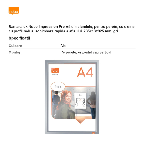 Rama click Nobo Impression Pro A4 din aluminiu, pentru perete, cu cleme cu profil redus, schimbare rapida a afisului, 235x13x325 mm, gri [2]