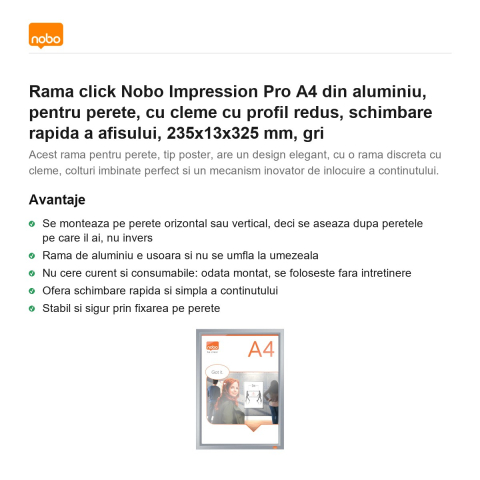 Rama click Nobo Impression Pro A4 din aluminiu, pentru perete, cu cleme cu profil redus, schimbare rapida a afisului, 235x13x325 mm, gri [1]