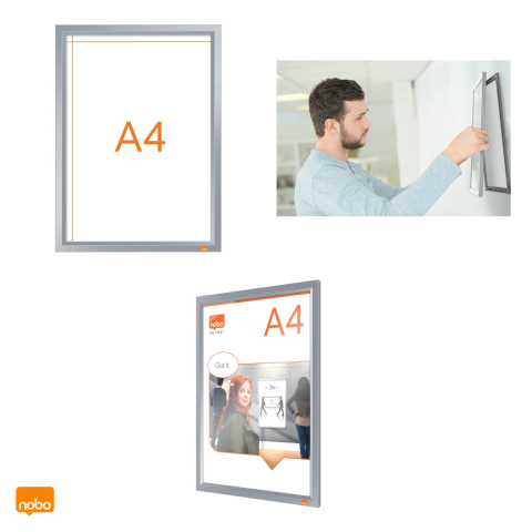 Rama click Nobo Impression Pro A4 din aluminiu, pentru perete, cu cleme cu profil redus, schimbare rapida a afisului, 235x13x325 mm, gri [4]