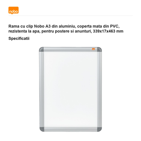 Rama cu clip Nobo A3 din aluminiu, coperta mata din PVC, rezistenta la apa, pentru postere si anunturi, 339x17x463 mm [2]