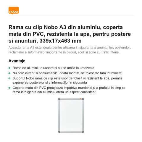 Rama cu clip Nobo A3 din aluminiu, coperta mata din PVC, rezistenta la apa, pentru postere si anunturi, 339x17x463 mm [1]