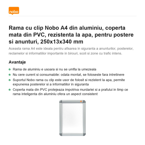 Rama cu clip Nobo A4 din aluminiu, coperta mata din PVC, rezistenta la apa, pentru postere si anunturi, 250x13x340 mm [1]