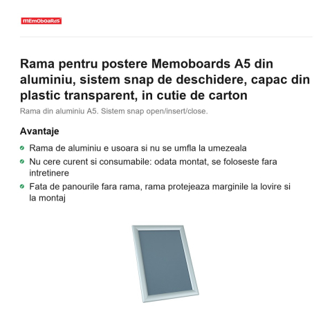 Rama pentru postere Memoboards A5 din aluminiu, sistem snap de deschidere, capac din plastic transparent, in cutie de carton [1]