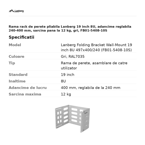 Rama rack de perete pliabila Lanberg 19 inch 8U, adancime reglabila 240-400 mm, sarcina pana la 12 kg, gri, FB01-5408-10S [2]