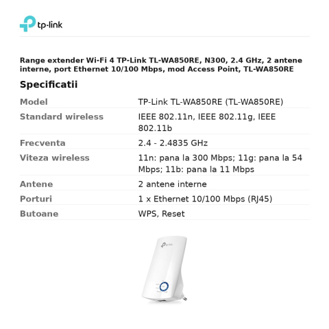 Range extender Wi-Fi 4 TP-Link TL-WA850RE, N300, 2.4 GHz, 2 antene interne, port Ethernet 10/100 Mbps, mod Access Point, TL-WA850RE [2]