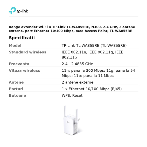 Range extender Wi-Fi 4 TP-Link TL-WA855RE, N300, 2.4 GHz, 2 antene externe, port Ethernet 10/100 Mbps, mod Access Point, TL-WA855RE [2]