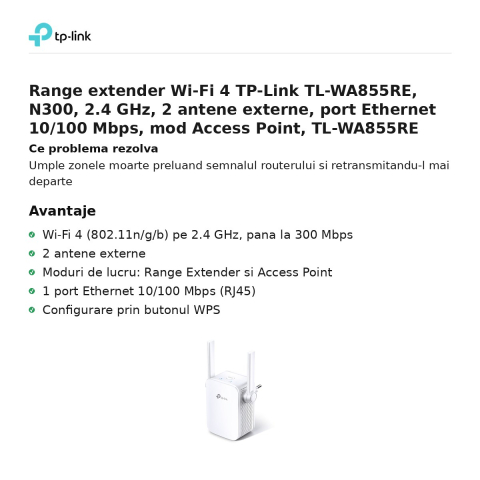Range extender Wi-Fi 4 TP-Link TL-WA855RE, N300, 2.4 GHz, 2 antene externe, port Ethernet 10/100 Mbps, mod Access Point, TL-WA855RE [1]