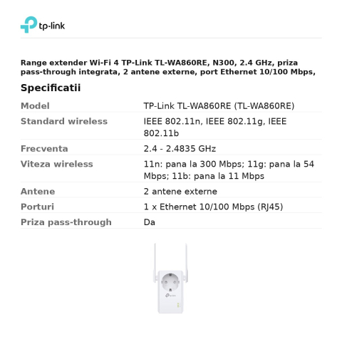 Range extender Wi-Fi 4 TP-Link TL-WA860RE, N300, 2.4 GHz, priza pass-through integrata, 2 antene externe, port Ethernet 10/100 Mbps, TL-WA860RE [2]