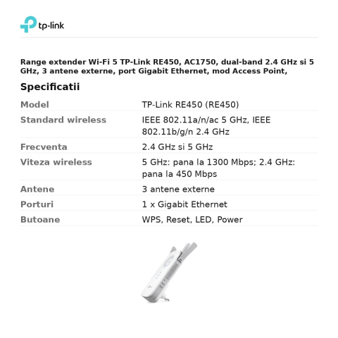 Range extender Wi-Fi 5 TP-Link RE450, AC1750, dual-band 2.4 GHz si 5 GHz, 3 antene externe, port Gigabit Ethernet, mod Access Point, EasyMesh, RE450 [2]