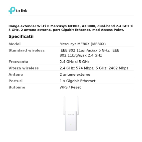 Range extender Wi-Fi 6 Mercusys ME80X, AX3000, dual-band 2.4 GHz si 5 GHz, 2 antene externe, port Gigabit Ethernet, mod Access Point, EasyMesh, ME80X [2]