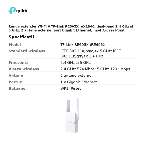 Range extender Wi-Fi 6 TP-Link RE605X, AX1800, dual-band 2.4 GHz si 5 GHz, 2 antene externe, port Gigabit Ethernet, mod Access Point, EasyMesh, RE605X [2]