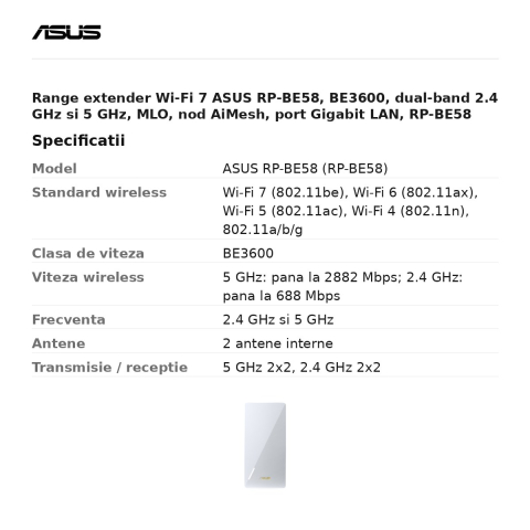 Range extender Wi-Fi 7 ASUS RP-BE58, BE3600, dual-band 2.4 GHz si 5 GHz, MLO, nod AiMesh, port Gigabit LAN, RP-BE58 [2]