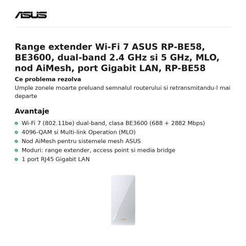 Range extender Wi-Fi 7 ASUS RP-BE58, BE3600, dual-band 2.4 GHz si 5 GHz, MLO, nod AiMesh, port Gigabit LAN, RP-BE58 [1]