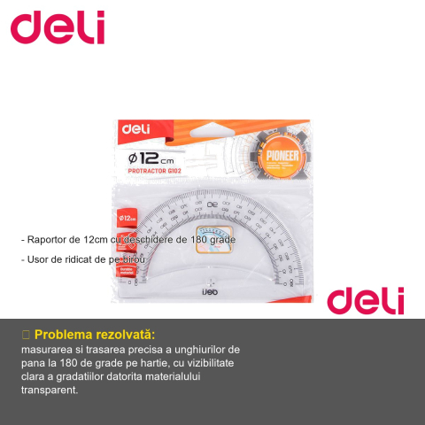 Raportor transparent Deli, 12 cm, 180 grade, usor de ridicat de pe birou, pentru scoala si birou [1]
