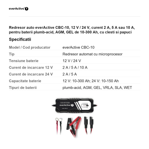 Redresor auto everActive CBC-10, 12 V / 24 V, curent 2 A, 5 A sau 10 A, pentru baterii plumb-acid, AGM, GEL de 10-300 Ah, cu clesti si papuci [2]