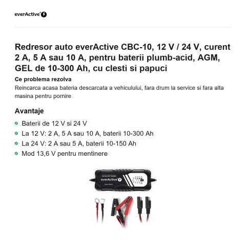 Redresor auto everActive CBC-10, 12 V / 24 V, curent 2 A, 5 A sau 10 A, pentru baterii plumb-acid, AGM, GEL de 10-300 Ah, cu clesti si papuci [1]