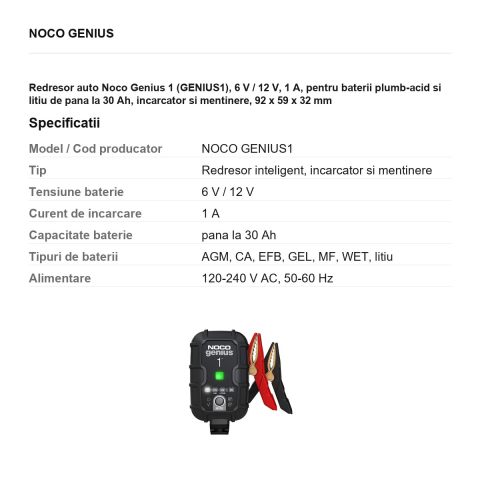 Redresor auto Noco Genius 1 (GENIUS1), 6 V / 12 V, 1 A, pentru baterii plumb-acid si litiu de pana la 30 Ah, incarcator si mentinere, 92 x 59 x 32 mm [2]