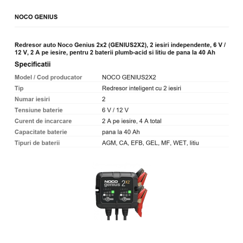 Redresor auto Noco Genius 2x2 (GENIUS2X2), 2 iesiri independente, 6 V / 12 V, 2 A pe iesire, pentru 2 baterii plumb-acid si litiu de pana la 40 Ah [2]