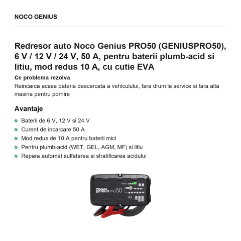 Redresor auto Noco Genius PRO50 (GENIUSPRO50), 6 V / 12 V / 24 V, 50 A, pentru baterii plumb-acid si litiu, mod redus 10 A, cu cutie EVA [1]