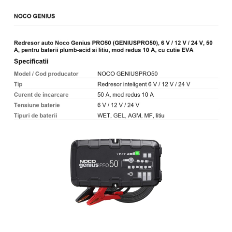 Redresor auto Noco Genius PRO50 (GENIUSPRO50), 6 V / 12 V / 24 V, 50 A, pentru baterii plumb-acid si litiu, mod redus 10 A, cu cutie EVA [2]