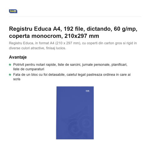 Registru Educa A4, 192 file, dictando, 60 g/mp, coperta monocrom, 210x297 mm [1]