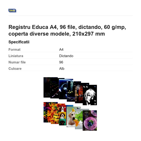 Registru Educa A4, 96 file, dictando, 60 g/mp, coperta diverse modele, 210x297 mm [2]