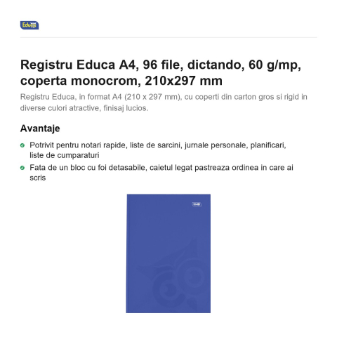 Registru Educa A4, 96 file, dictando, 60 g/mp, coperta monocrom, 210x297 mm [1]