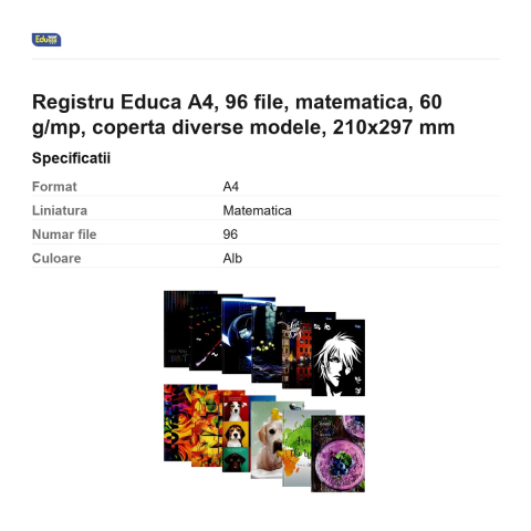 Registru Educa A4, 96 file, matematica, 60 g/mp, coperta diverse modele, 210x297 mm [2]