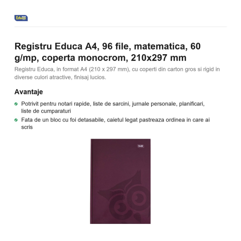 Registru Educa A4, 96 file, matematica, 60 g/mp, coperta monocrom, 210x297 mm [1]