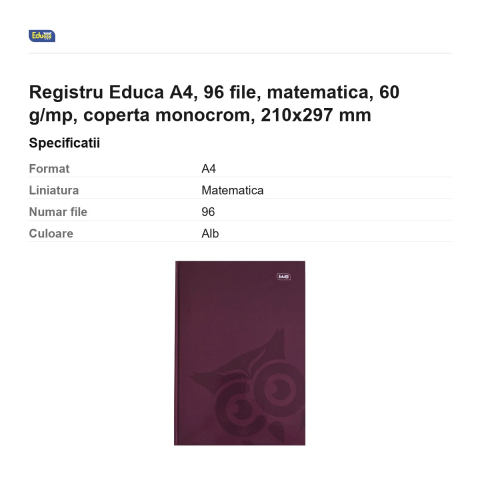Registru Educa A4, 96 file, matematica, 60 g/mp, coperta monocrom, 210x297 mm [2]