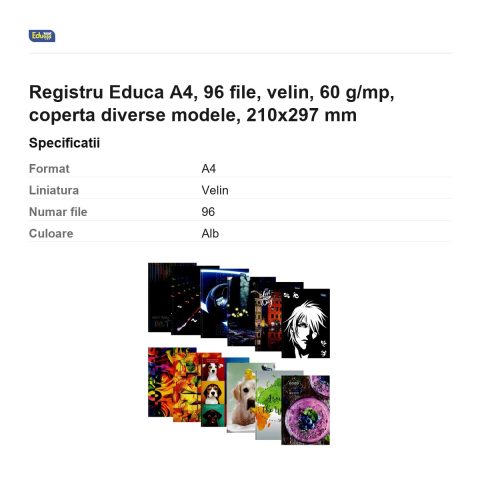 Registru Educa A4, 96 file, velin, 60 g/mp, coperta diverse modele, 210x297 mm [2]