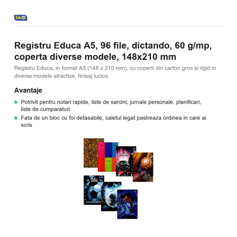 Registru Educa A5, 96 file, dictando, 60 g/mp, coperta diverse modele, 148x210 mm [1]