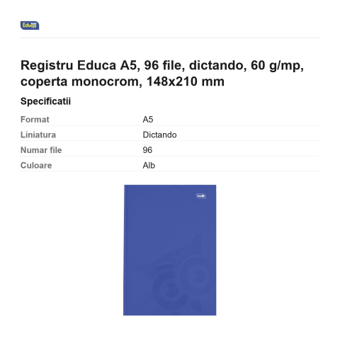 Registru Educa A5, 96 file, dictando, 60 g/mp, coperta monocrom, 148x210 mm [2]