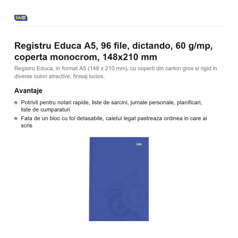 Registru Educa A5, 96 file, dictando, 60 g/mp, coperta monocrom, 148x210 mm [1]