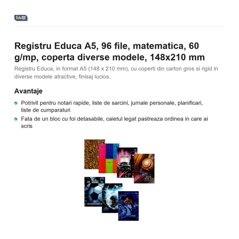 Registru Educa A5, 96 file, matematica, 60 g/mp, coperta diverse modele, 148x210 mm [1]