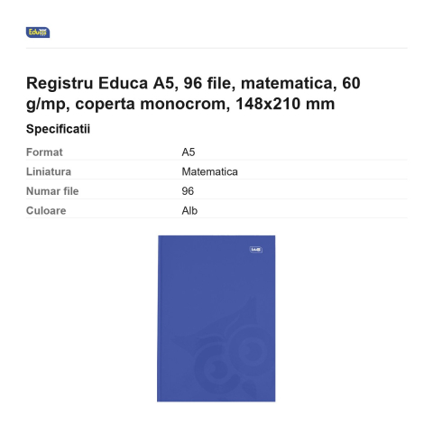 Registru Educa A5, 96 file, matematica, 60 g/mp, coperta monocrom, 148x210 mm [2]