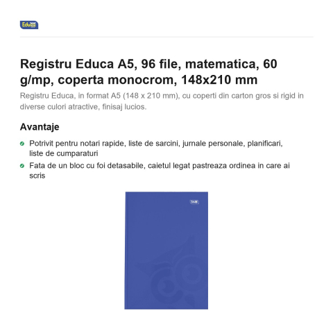 Registru Educa A5, 96 file, matematica, 60 g/mp, coperta monocrom, 148x210 mm [1]