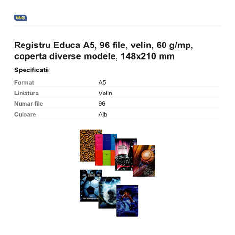 Registru Educa A5, 96 file, velin, 60 g/mp, coperta diverse modele, 148x210 mm [2]