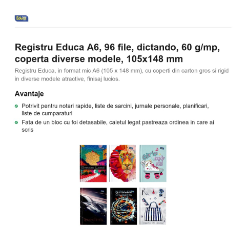 Registru Educa A6, 96 file, dictando, 60 g/mp, coperta diverse modele, 105x148 mm [1]