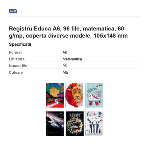 Registru Educa A6, 96 file, matematica, 60 g/mp, coperta diverse modele, 105x148 mm [2]