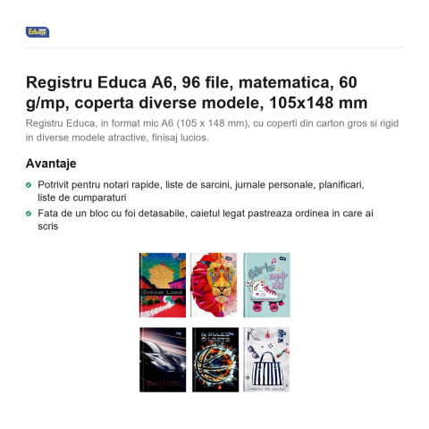Registru Educa A6, 96 file, matematica, 60 g/mp, coperta diverse modele, 105x148 mm [1]