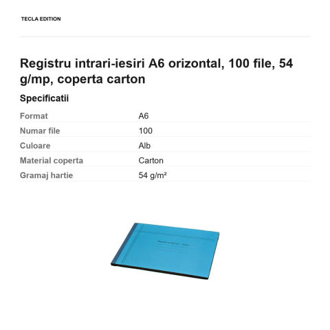 Registru intrari-iesiri A6 orizontal, 100 file, 54 g/mp, coperta carton [2]