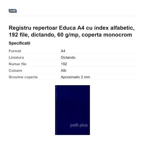 Registru repertoar Educa A4 cu index alfabetic, 192 file, dictando, 60 g/mp, coperta monocrom [2]