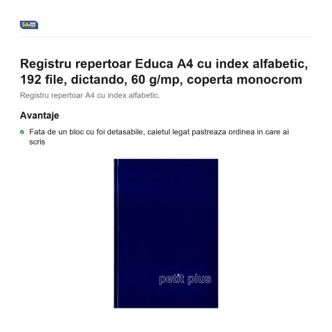Registru repertoar Educa A4 cu index alfabetic, 192 file, dictando, 60 g/mp, coperta monocrom [1]