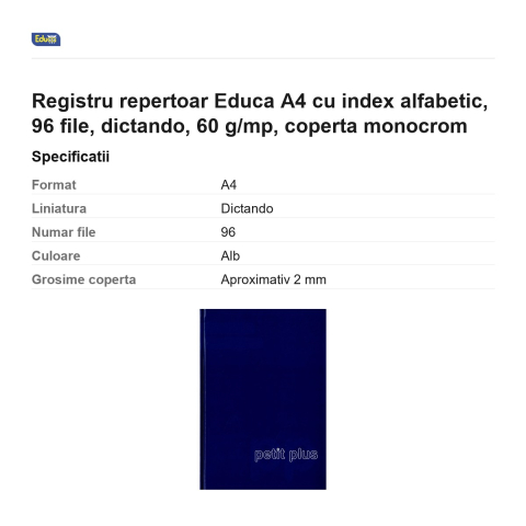 Registru repertoar Educa A4 cu index alfabetic, 96 file, dictando, 60 g/mp, coperta monocrom [2]