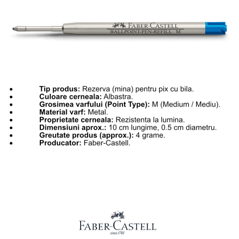Rezerva Albastra pentru Pix Faber-Castell, Varf Metalic M, Capacitate Mare, Pentru Scris Professional [1]