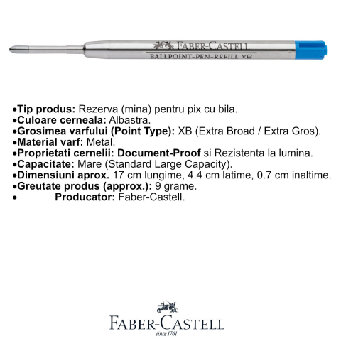 Rezerva Albastra pentru Pix Faber-Castell, Varf Metalic XB, Capacitate Mare Extra, Document-Proof [1]